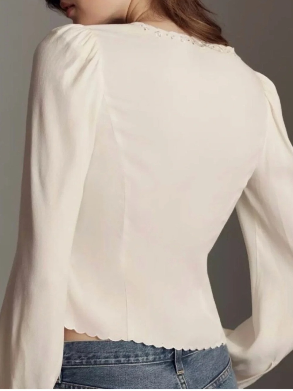 Reformation Ivory Scalloped Tie-Neck Blouse - Picture 2 of 8
